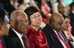 Chinese Ambassador to Maldives Wang Lixin (M) with President Ibrahim Mohamed Solih (L) and  Foreign Minister Abdulla Shahid (R) at the ceremony held to celebrate 50 years of diplomatic relations between Maldives and China -- Photo: Nishan Ali / Mihaaru