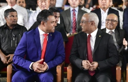 President Ibrahim Mohamed Solih (L) and Vice President Faisal Naseem speak at the ceremony held to celebrate 50 years of diplomatic relations between Maldives and China -- Photo: Nishan Ali / Mihaaru