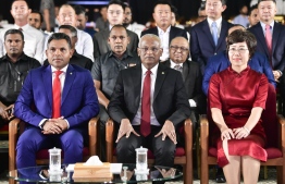Presindet Ibrahim Mohamed Solih (M) with the Chinese Ambassador to Maldives Wang Lixin (R), and Vice President Faisal Naseem at the ceremony held on October 22, 2022, to celebrate 50 years since diplomatic relations between Maldives and China were established -- Photo: Nishan Ali / Mhaaru