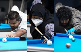 Sahil (R), Aishath (M) and Shyam (L) won the singles event in the National Billiard Championship 2022 -- Photo: MPBA