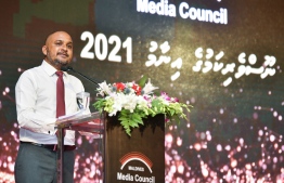 Maldives Media Council President Mohamed Shafau Hassan, speaking at the Journalism Awards -- Photo: Fayaaz Moosa