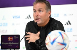 Denmark's coach Kasper Hjulmand attendS a press conference at the Qatar National Convention Center (QNCC) in Doha on November 25, 2022, on the eve of the Qatar 2022 World Cup football match between France and Denmark. -- Photo: Natalia Kolesnikova / AFP
