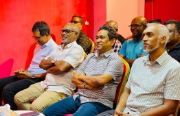 The leaders of the PPM-PNC coalition at the public gathering held on 11 December, 2022. (L-R) Vice President of PNC MP Mohamed Saeed; President of PNC Abdul Raheem Abdullah; former President Abdulla Yameen; Malé City Mayor Dr Mohamed Muizzu. PHOTO: PPM