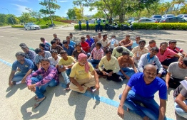 (FILE) Migrant workers protesting over unpaid salaries in Centrall Park, Hulhumale' on Tuesday, December 13, 2022 -- Photo: Fayaz Moosa / Mihaaru
