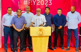 President of PNC Abdul Raheem Abdulla (M) speaking at a press conference held by opposition coalition on Thursday, December 15, 2022 -- Photo: PPM