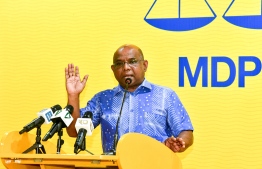 Minister of Foreign Affairs Abdulla Shahid speaking at the campaign rally for President Ibrahim Mohamed Solih as he runs in MDP's primary election, on December 22, 2022 -- Photo: Nishan Ali / Mihaaru