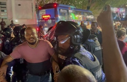 Vice President of People’s National Congress (PNC) and city council member for Hulhumalé constituency, Ibrahim Shujau being arrested from the opposition rally held on 2 January 2023 PHOTO: PPM