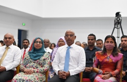 Minister of Gender, Family and Social Services (L) President Ibrahim Mohamed Solih (C) and First Lady Fazna Ahmed (R) attending the ceremony -- Photo: President's Office