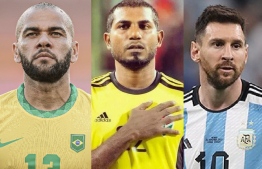 (L - R) Brazilian footballer Dani Alves, Maldives National Team Goalkeeper Imran Mohamed and Argentinian footballer Lionel Messi --