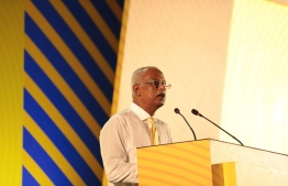 President Ibrahim Mohamed Solih speaking at the presidential primary campaign rally in Velidhoo last night.