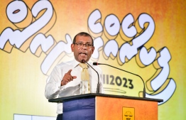 MDP's President and Speaker of Parliament Mohamed Nasheed speaking at a campaign rally for the upcoming MDP Presidential Primary. PHOTO / MIHAARU