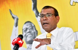 Former President and Parliament Speaker Mohamed Nasheed speaks at the press conference -- Photo: Nishan Ali