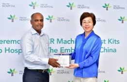 Chinese Ambassador to the Maldives Wang Lixin donated the medical items to Tree Top Hospital-- Photo: Nishan Ali | Mihaaru