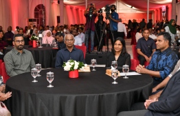BML Chairman Yooshau Saeed (L), President Ibrahim Mohamed Solih (C), First Lady Fazna Ahmed (C) and Vice President Faisal Naseem (R) attending the ceremony to celebrate BML's 40th anniversary -- Photo: Nishan Ali