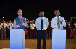 India’s External Affairs Minister, Dr Subrahmanyam Jaishankar (L), Maldives' Minister of Economic Development Fayyaz Ismail (C) and President Ibrahim Mohamed Solih (R) at the ceremony held to launch the expansion of Hanimaadhoo International Airport, on 18th January 2023. PHOTO / PRESIDENT'S OFFICE