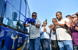 MTCC CEO and MD Adam Azim at the inauguration ceremony of bus services in Vilimalé: The government will decide on the provision of two transport services in the island, Azim said . -- Photo: Fayaaz Moosa