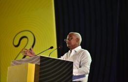 President Ibrahim Mohamed Solih speaking at his campaign rally for the upcoming MDP primary election, at the Artificial Beach in Malé, on 21st December 2023. PHOTO: FAYAZ MOOSA / MIHAARU