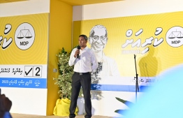 Fuvahmulah City Mayor Ismail Rafeeq during the Presidential Primary Campaign held in Fuvahmulah
