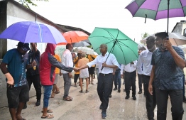 (FILE) President Ibrahim Mohamed Solih greeting the locals of AA. Maalhos, on January 24, 2023: he collected 100 percent of the votes from seven islands in Maldives