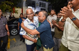 MDP Primary President Ibrahim Mohamed Solih being congratulated on his win at the party hub; Dhandikoshi Jagaha -- Photo: Fayaz Moosa