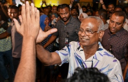 President Ibrahim Mohamed Solih high fiving someone while celebrating his triumph of MDP's prmary election on Saturday evening, January 28, 2023 -- Photo: Fayaz Moosa / Mihaaru