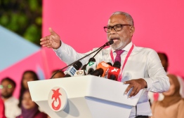 PPM-PNC coalition leader Abdul Raheem Abdullah speaking at the "Dhuppan" rally held at the Artificial Beach in Malé to conclude the opposition's Hope Conference, on 4th February 2023. PHOTO: FAYAZ MOOSA / MIHAARU