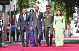 President Ibrahim Mohamed Solih arrives in Parliament alongside Parliament Speaker Mohamed Nasheed and First Lady Fazna Ahmed to deliver this year's Presidential Address -- Photo: Parliament