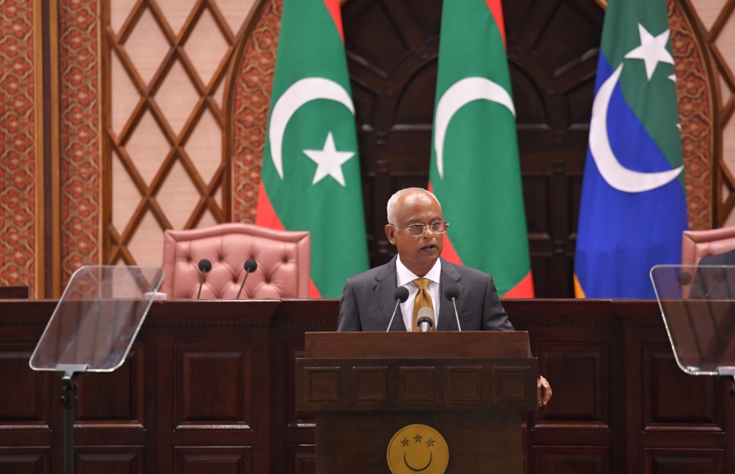 މި އަހަރުގެ ރިޔާސީ ބަޔާން އިއްވުމުގެ ޖަލްސާގައި ގައުމުގެ މިސްރާބު ރައީސް ވިދާޅުވެދެއްވަނީ. -- ފޮޓޯ: ރައީސް އޮފީސް