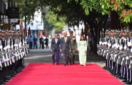 President Ibrahim Mohamed Solih arrives in Parliament alongside Parliament Speaker Mohamed Nasheed and First Lady Fazna Ahmed to deliver this year's Presidential Address -- Photo: Parliament