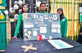 The students showcasing their project, the "medicine drone." PHOTO: FAYAZ MOOSA / MIHAARU