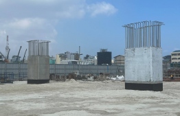 Two of the completed pillars for the Thilamalé Bridge: 8 pillars will be installed in the Malé area