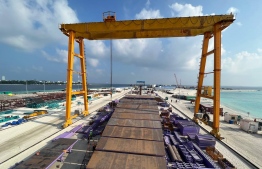 [File] Thilamalé bridge construction underway: most of the work on the project is being done in Gulhifalhu