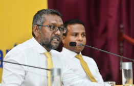MDP Chairperson Fayyaz ismail speaking at the party's national congress meeting on Wednesday, February 15, 2023 -- Photo: Nishan Ali / Mihaaru