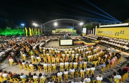 The crowd gathered at the MDP rally held in the Carnival area in Malé on 17th February 2023. PHOTO: NISHAN ALI / MIHAARU