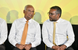(FILE) MDP's Chairperson Fayyaz Ismail (L) with President Ibrahim Mohamed Solih on February 17, 2023: Fayyaz said on Tuesday, March 21, 2023, that while the party wishes for Nasheed's support, they are confident they can secure the election without him too -- Photo: Nishan Ali/ Mihaaru