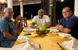 Gasim Ibrahim with MDP Parliamentary Group Leader and North Hithadhoo MP Mohamed Aslam and Hulhumalé MP and Ali Niyaz at Sun Island Resort