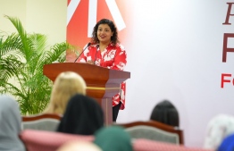 Hinnavaru MP Jeehan Mahmood speaks at the Practice Parliament for Women: Jeehan said that women should break the belief that they can only do certain things and grow in whatever they are passionate about -- Photo: Parliament