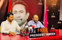 Former Vice President  Dr. Mohamed Jameel (L) speaking at a press conference organised by Yameen's legal team on Wednesday, February 2023 -- Photo: PPM