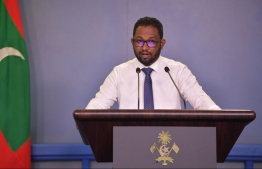 President's Spokesperson Mohamed Miuwan speaking at the weekly news briefing held every Thursday, on February 23, 2024 -- Photo: President's Nasheed