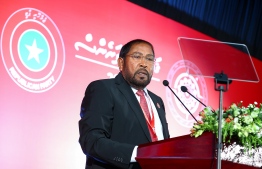 Jumhooree Party Leader Qasim Ibrahim speaking at the party's National Conference held in February 2023. PHOTO: MIHAARU