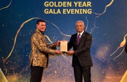MDA President and Meedhoo MP Ahmed Siyam (Sun Siyam) receiving the prestigious “President’s Tourism Gold Award” for his exemplary contributions to the development of tourism in the Maldives, at the "Golden Year Gala Evening" held at Crossroads Maldives to celebrate Maldives' 50 years of tourism, on 3rd October 2023. PHOTO: PRESIDENT'S OFFICE