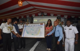 Defence Minister Mariya Ahmed Didi and Chief of Defence Force Abdullah Shamaal with Indian naval officers, at the ceremony held onboard INS Investigator to hand over charts. Photo: Indian High Commission