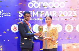Iskandar School wins the Best School title at Ooredoo STEM Fair 2023-- Photo: Fayaz Moosa | Mihaaru