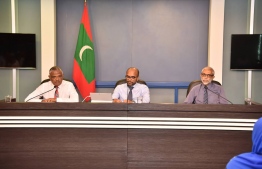 Minister of Higher Education Dr Ibrahim Hassan (L), Minister of Finance Ibrahim Ameer (C) and the Secretary General of the National Pay Commission Dr Mohamed Faizal (R) at the press conference held at the President's Office on 6th March 2023. Photo: President's Office