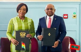 Minister for Foreign Affairs and Regional Integration of Ghana, Shirley Ayorkor Botchwey (L) and Maldivian Minister of Foreign Affairs, Abdulla Shahid (R) after signing the bilateral agreements on 14th March 2023, at the Marlborough House in London. PHOTO: FOREIGN MINISTRY