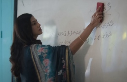 A shot of Malavika Mohanan (L), the actress playing Christy teaching in Maldives