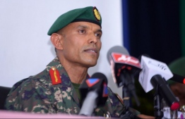 Commander of the Presidential Guards, Colonel Abdullah Ibrahim at a press conference. PHOTO: MIHAARU