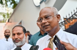 President Ibrahim Mohamed Solih speaking to reporters after a meeting with Adhaalath Party and MDA leaders at the Muliaage on 21st March 2023. PHOTO: NISHAN ALI / MIHAARU