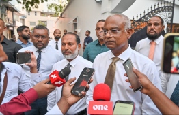 President Solih speaking to journalists after meeting with political leaders to discuss forming a coalition on March 21, 2023-- Photo: Nishan Ali/ Mihaaru