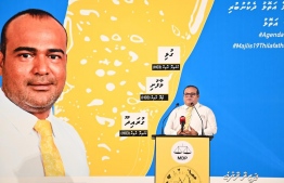MDP's PG leader Mohamed Aslam speaking at campaign event on Wednesday, March 22, 2023 -- Photo: MDP